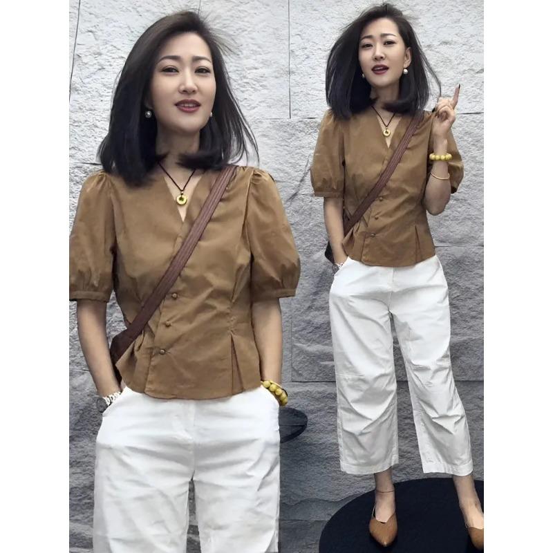 Simple Irregular Oblique-breasted V-neck Shirt for Women Summer New Chic Ins Top