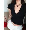 V-neck Short Sleeve Casual Women T Shirts Black Summer Skinny Sexy Solid Basic Crop Fashion Streetwear