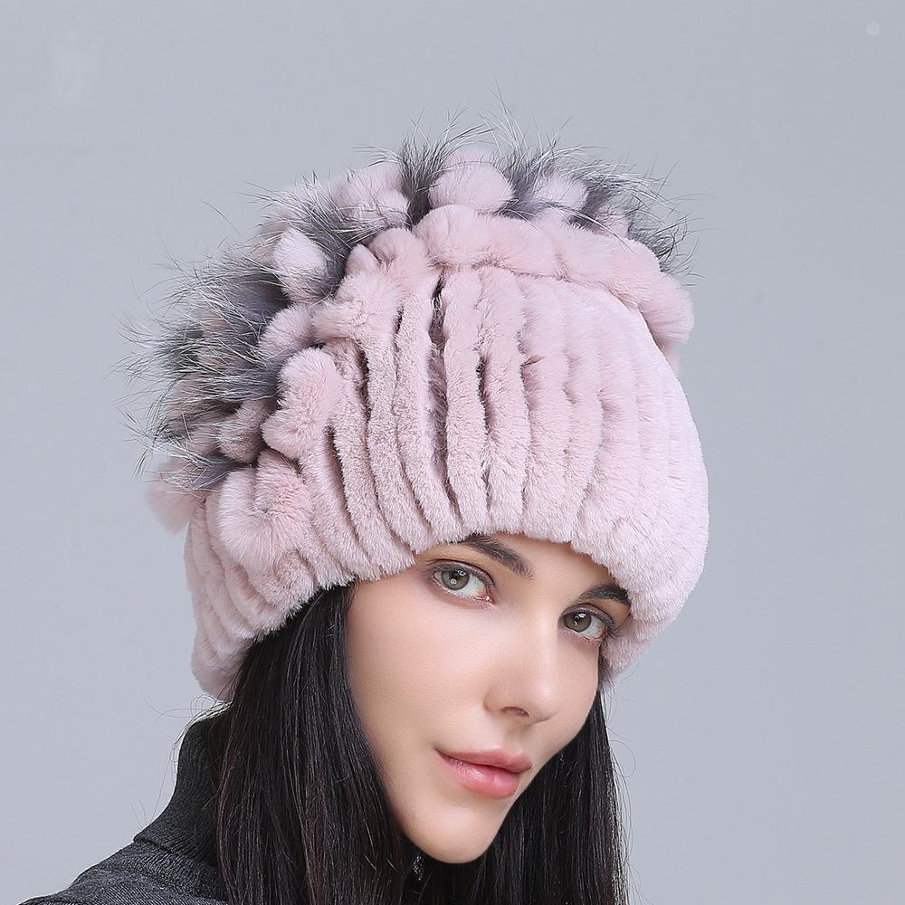 Winter Women's Warm Fashion Thick Wool Hat Rex Rabbit Fur Hat Knitted with Side Flower Hat