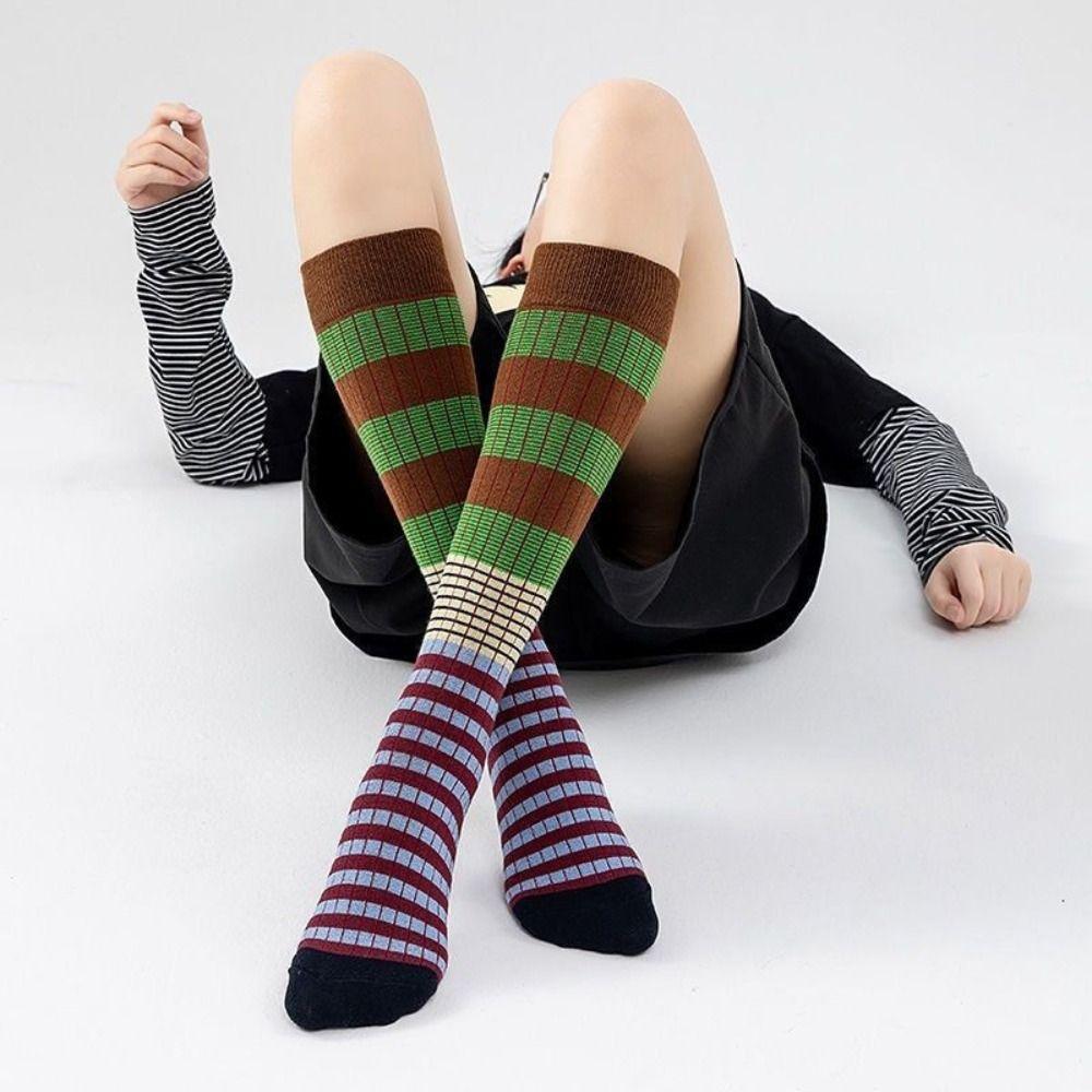 4pairs Patchwork Colorful Striped Calf Socks Japanese Style Retro Pile Socks  Girl