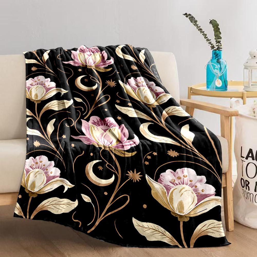 Floral Blanket with Pink Flowers, Moon, Star Pattern, Black Background Blanket, Suitable for Use In the Bedroom, Living Room, On the Sofa