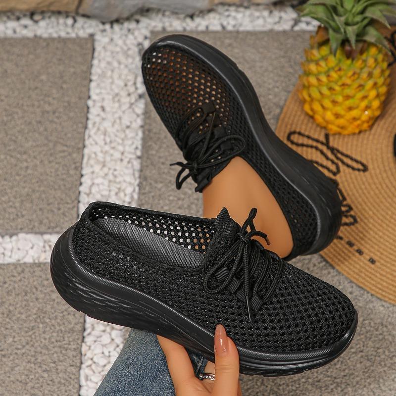 Chaussures de Sport Décontractées pour Femmes Été Semelle Souple Antidérapant Maille Découpée Respirante Tête enveloppée Mi-claquette