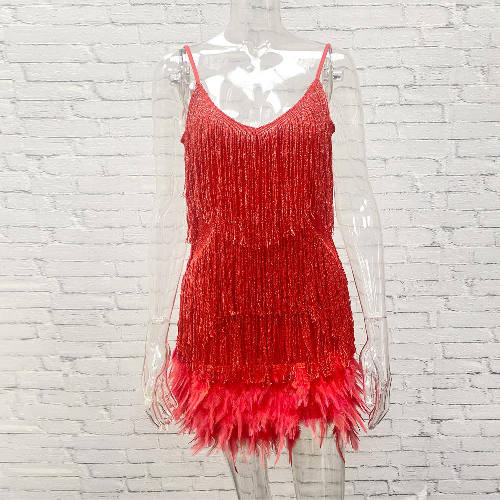 Tassel Sequins Dress Women Elegant Feather Spaghetti Straps Mini Dresses Summer Sexy Party Club Evening Dresses Vestidos