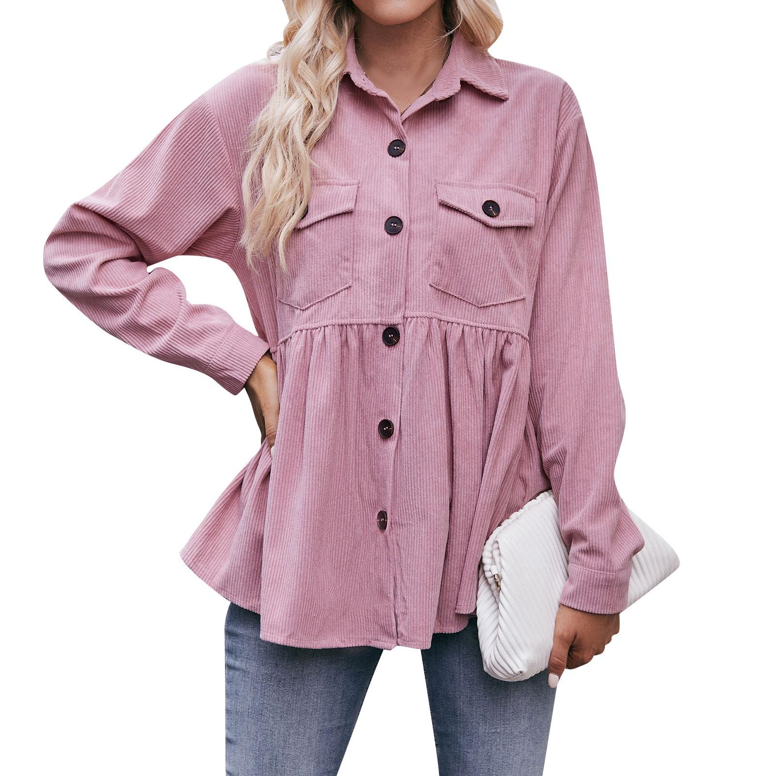 

Women s Casual Long Sleeve Stand Collar Corduroy Solid Color Top Shirt XL