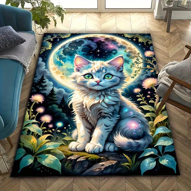 Kristall Samt Mystischer Mondlicht Katzen Druck Teppich – Lebendiges Sternenhimmel Design mit Verzaubertem Wald & Pilzen, Rutschfeste Heimdekoration C
