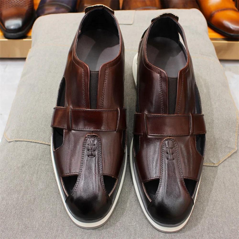 Fashion Men's Classic Arabic Style Genuine Leather Slip-On Sandals Casual Business Party Formal Hollow Flat Shoes