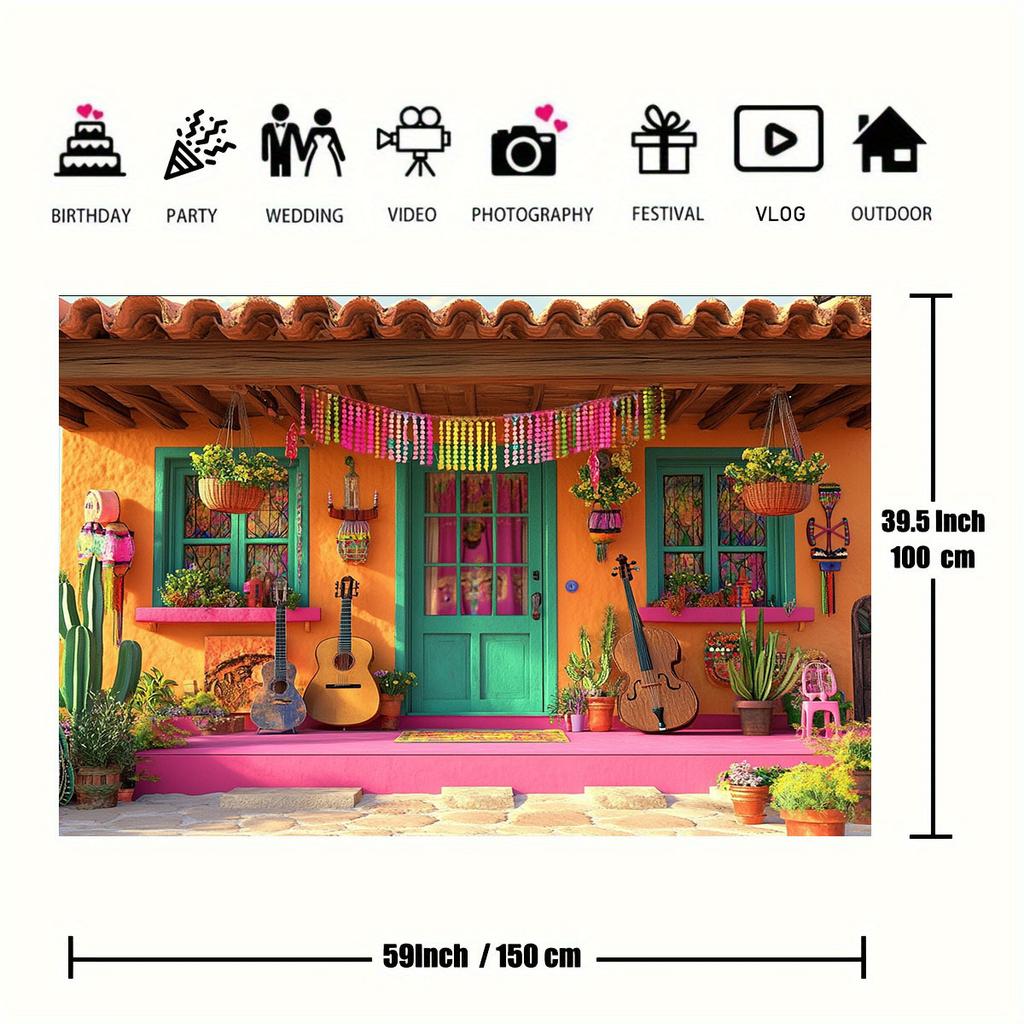 Tissu de fond plat 2D pour le Carnaval Mexicain 1 pièce - guitares colorées, décorations de porte énergiques et motifs de cactus