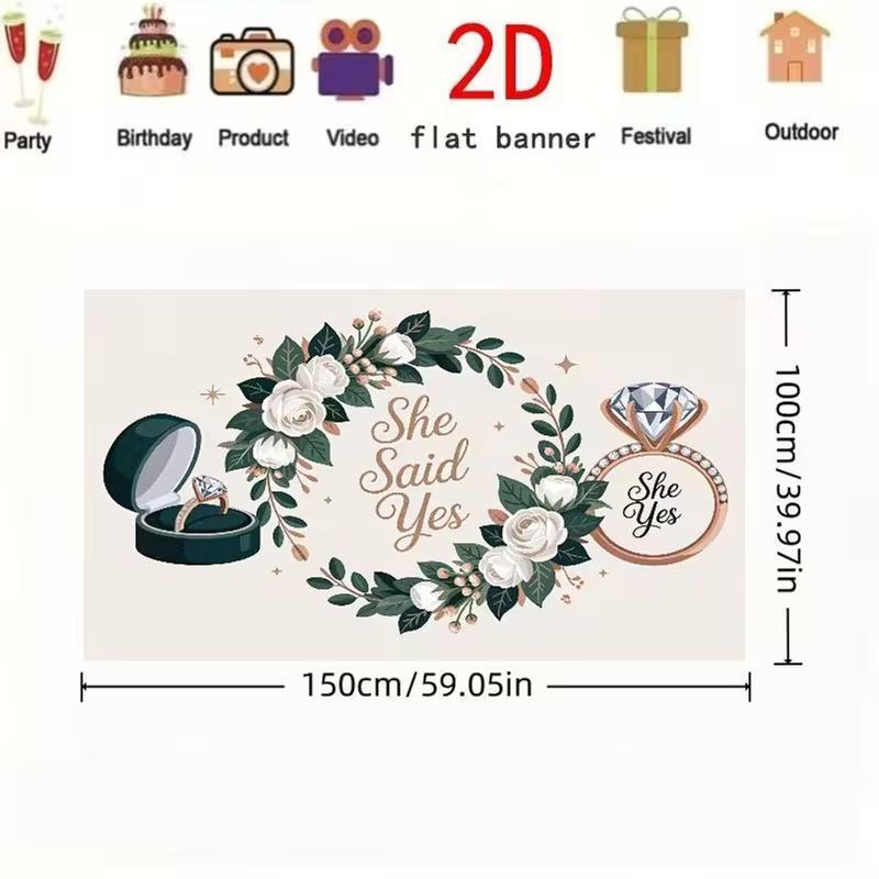 2D Elegant Engagement Photography Backdrop, She Said Yes Diamond Ring and Floral Wreath Background