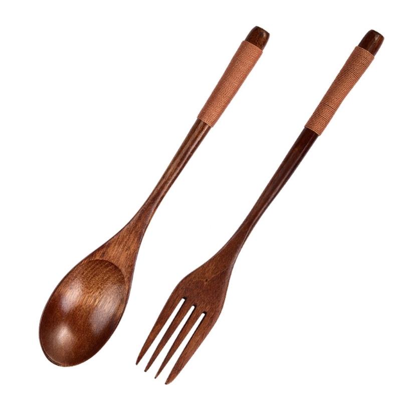 Japanese Style Long Handle Wooden Spoon And Fork Kitchenwares Set Portable Durable Utensils For Soup Serving Cooking Tool