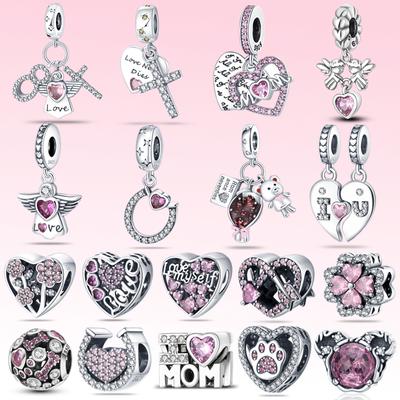 100 % 925 Silber Engelsflügel Rosa Zirkon Liebesherz Charms Perle Passend für OriginalFashionArmband Familie Liebe Bestes Geschenk