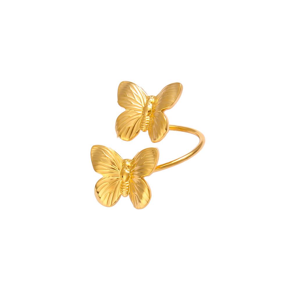 18K Gold Titanium Double Butterfly Open Ring in European Court Style Adjustable Open