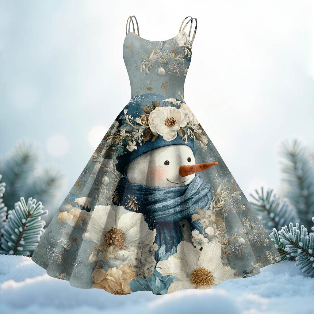 Women's Christmas Print Casual Fashion Round Neck Mid-Length Dress