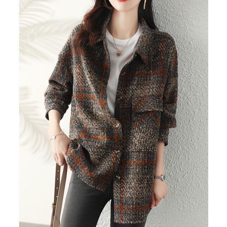 Modischer karierter Hemdmantel für Damen, lockere Passform, lässige Oberbekleidung mit Knöpfen