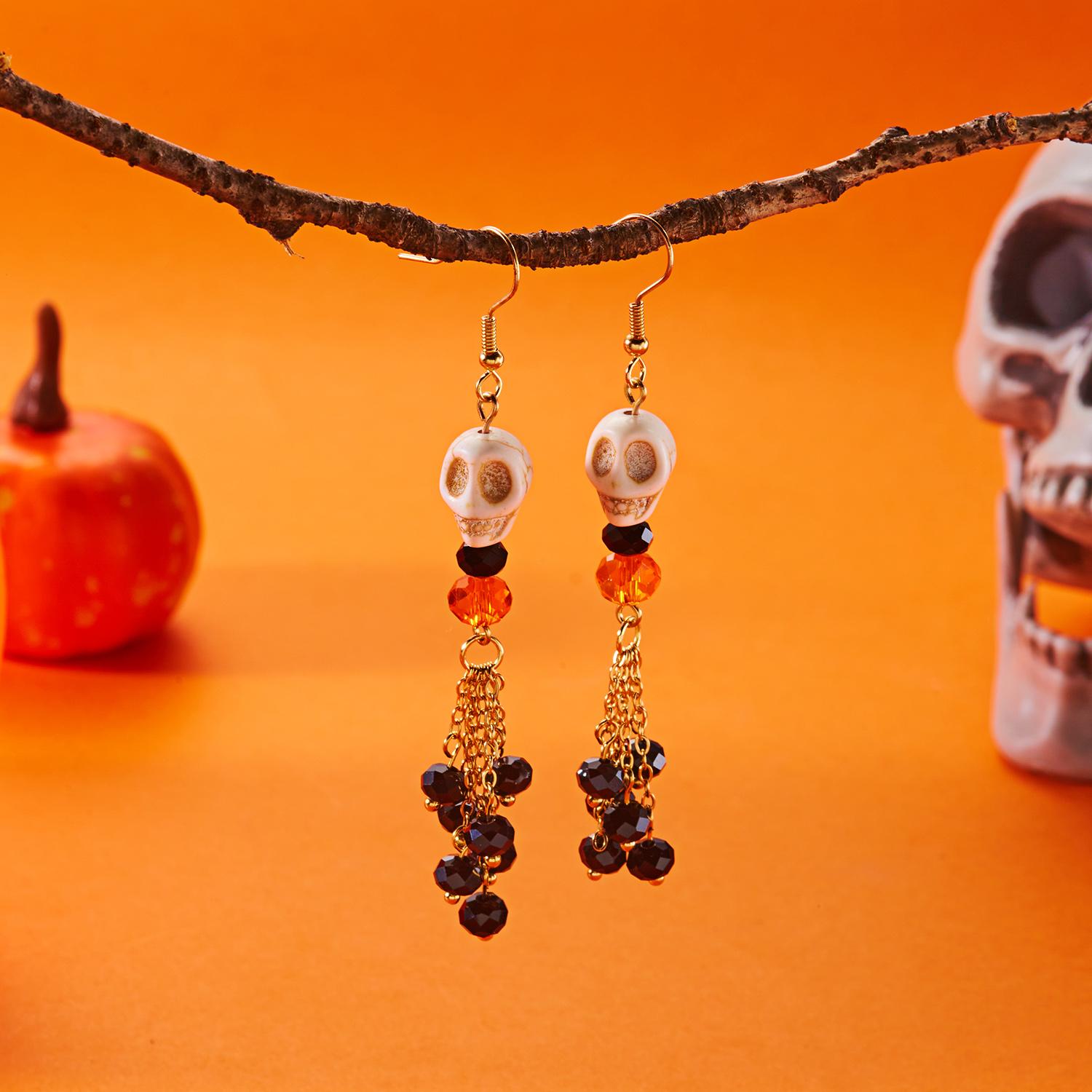 

Halloween Creative Skull Tassel Earrings for Women Creative Colorful Skeleton Bowknot Drop Earring Cosplay Party Zircon Gift