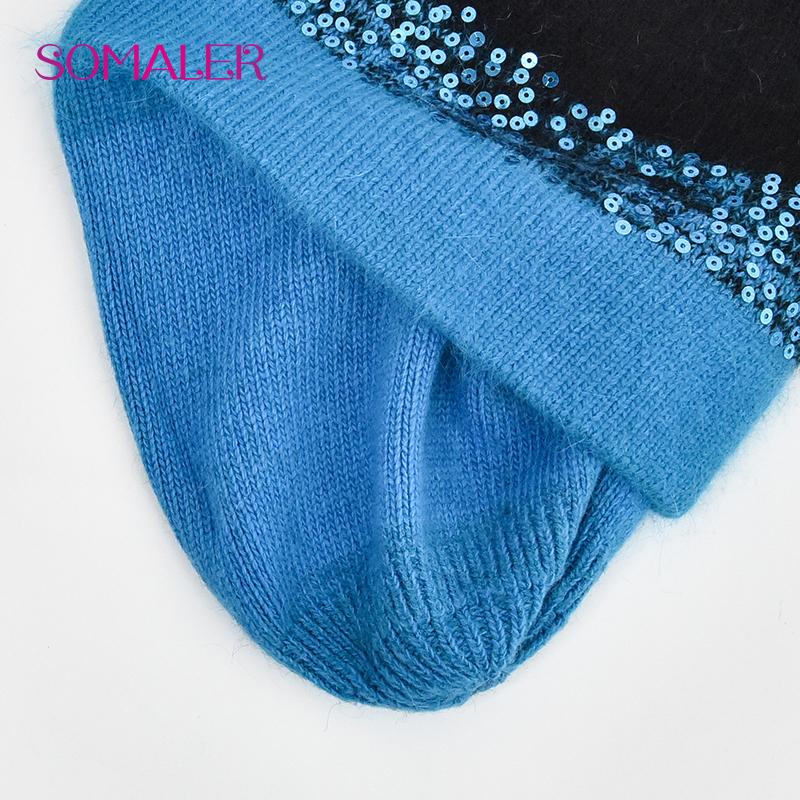 SOMALER Winter Hats for Women Warm Angora Wool Knitted Hat Fashion Sequin Beanie Hat Thick Long Rabbit Fur Hair  Skull Cap Bonnet