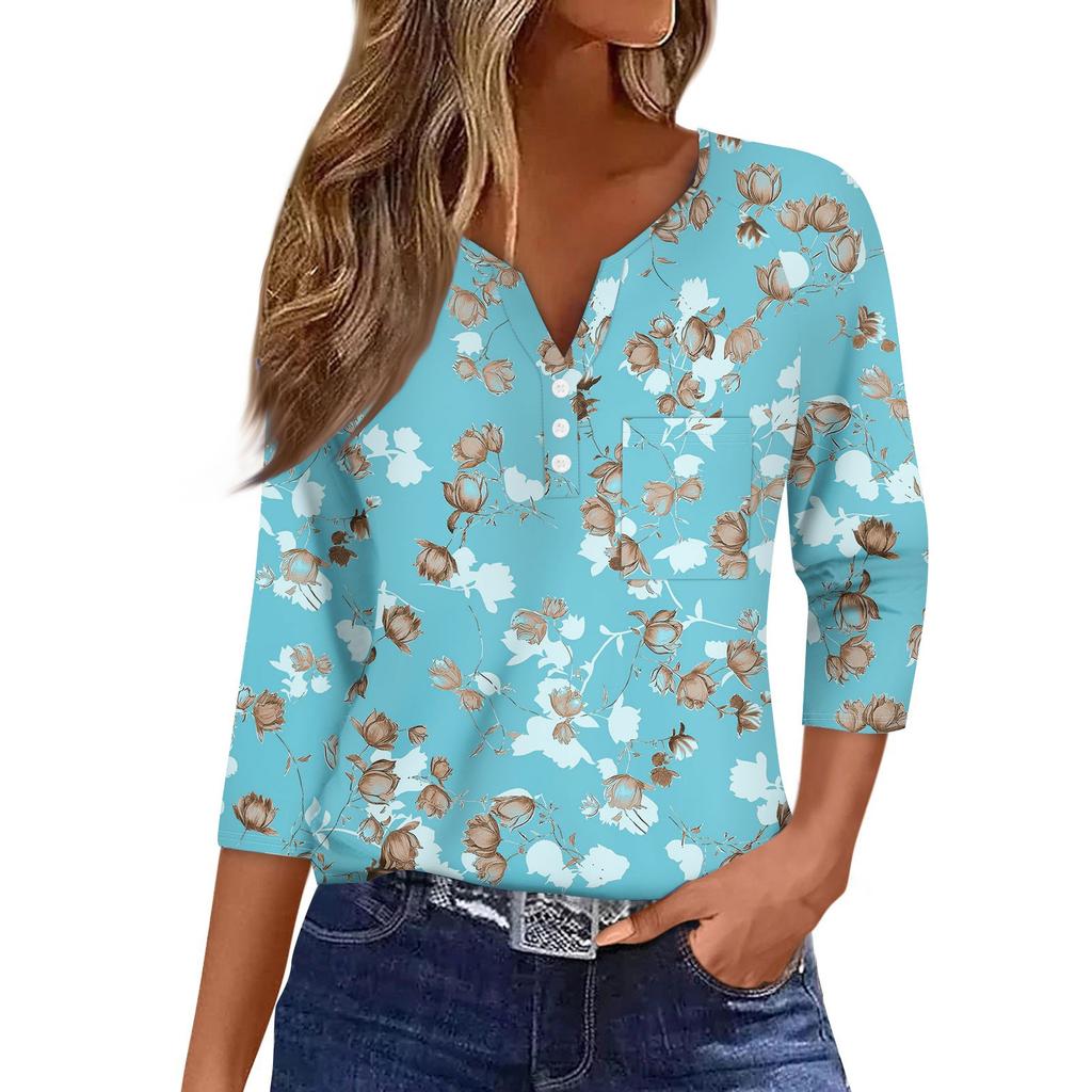 Ladies Casual Fashion V-neck Loose Versatile Floral Print Three-quarter Sleeves