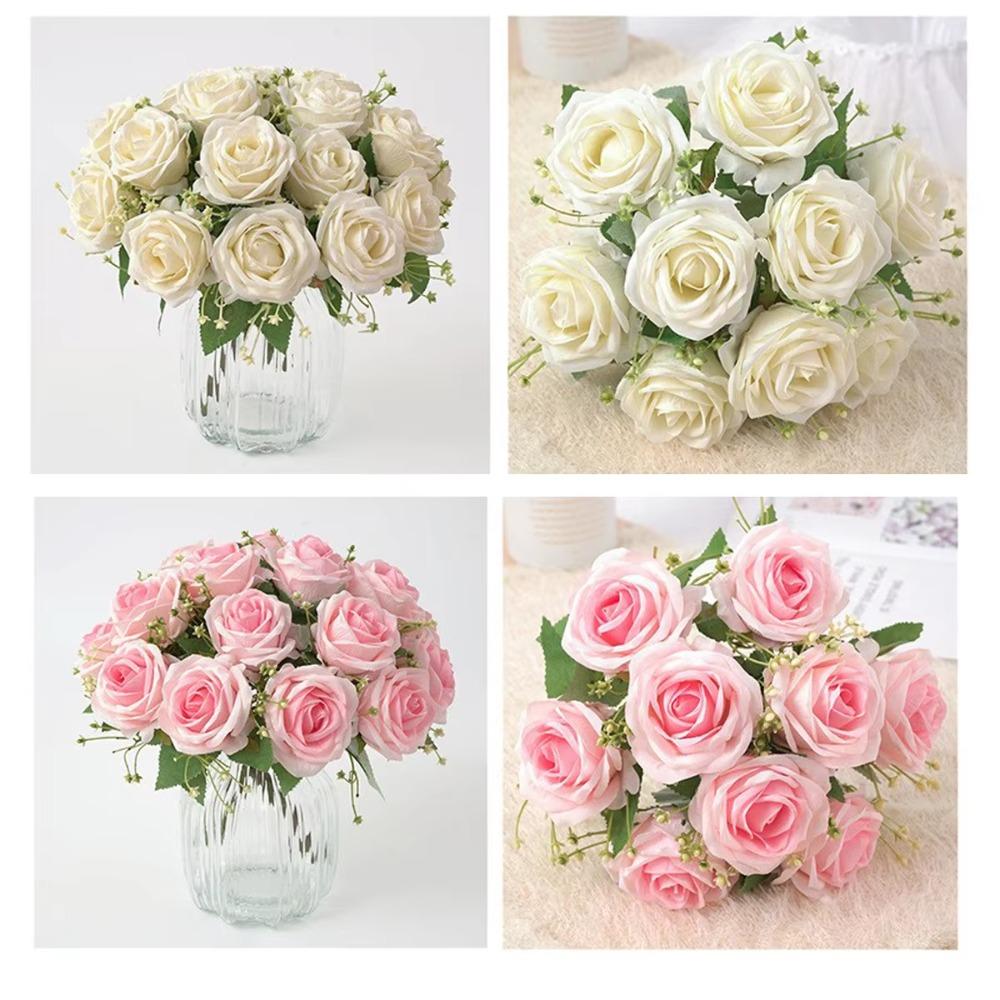 Long Stem Artificial Flowers Faux Silk Fake Roses Vintage Bridal Bouquet Home Wedding Bridal