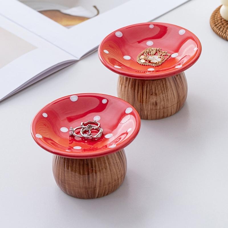 Ceramic Mushroom Jewelry Tray with Raised Ring Holder Dish, Tabletop Catchall Tray for Vanity and Bedside Table