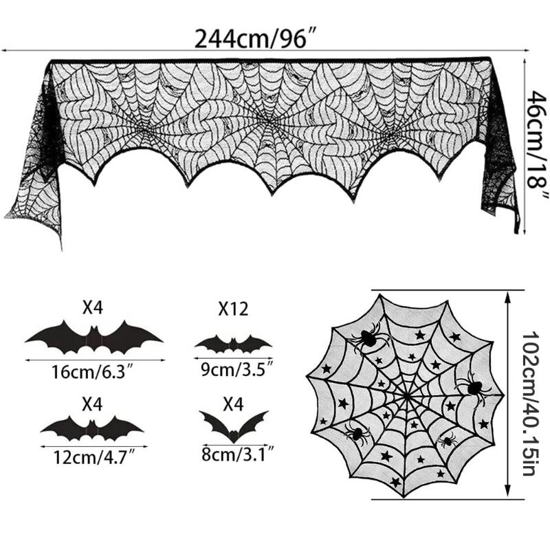 Lace Table Runner Spiderweb Mantel Scarf Cover for Holiday Party Decoration, Black Spiderweb Mantel Scarf