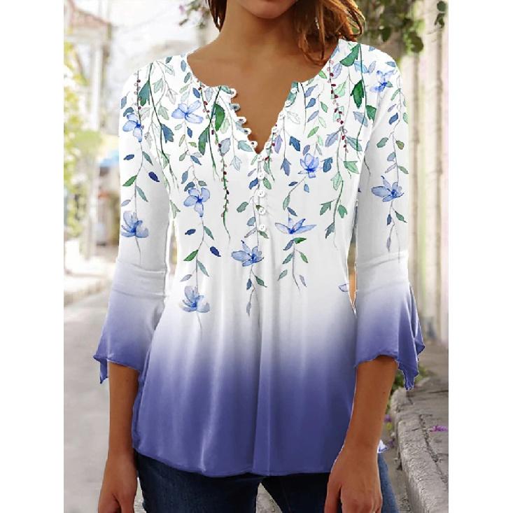 Women'S V-Neck Button-Down T-Shirt Summer Fashion Clothing Printed Top Popular Seven-Quarter Sleeve Clothing Y2k Women'S T-Shirt