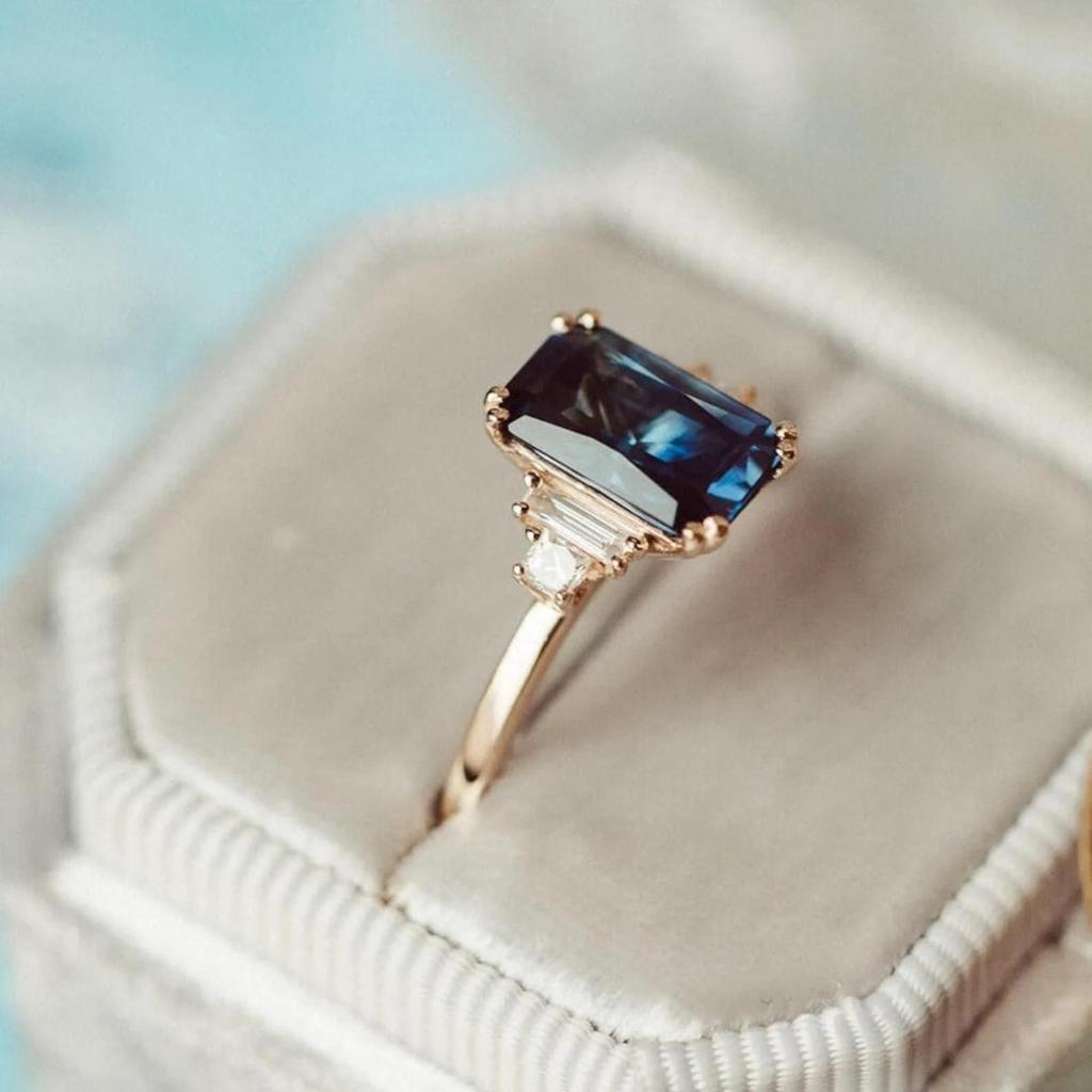 Emerald Cut Sapphire Engagement Ring: Baguette CZ Diamond Silver Bridal Ring: 925 Sterling Silver Ring: Art Deco Bridal Wedding Jewelry gift
