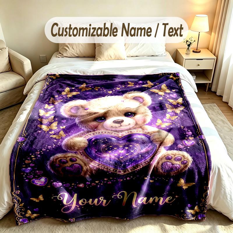 Bear Panda Theme Soft Blanket Personalized Custom Name Text Print Warm Blanket Home Sofa Bedroom Decor