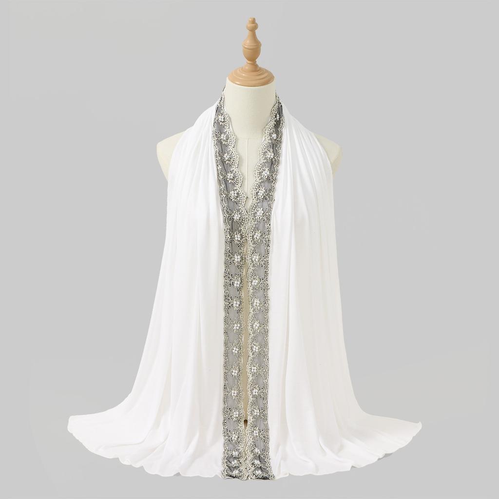Pearls Embroidery Cotton Jersey Muslim Hijab Long Scarf Women Head Wraps Shawl Turban Eid Soild Headband Malaysia Tudung 170*60C