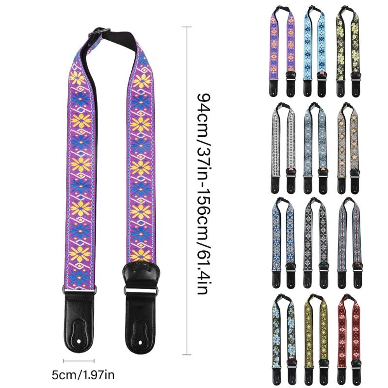 National Style Guitar Strap with Pick Pocket Adjustable Soft Cotton Shoulder Strap Leather Ends Guitar Straps