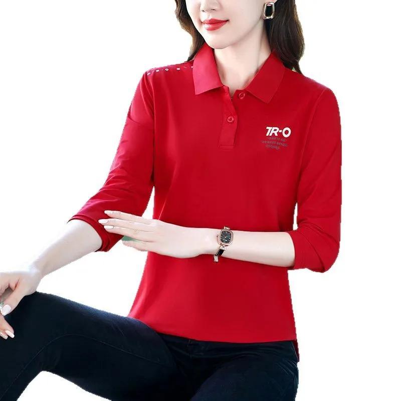 Spring Autumn Long Sleeve Printed T-Shirt Women Thin Casual Loose Slimming Belly Covering Turn-down Collar Top