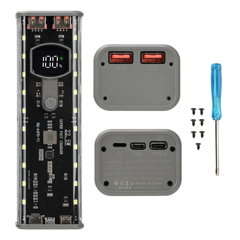 

Mecha transparent model rechargeable battery case No soldering 4slot 21700 battery box PD mobile power sleeve with outdoor light
