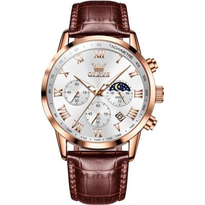 OLEVS Leather Quartz Day of the White Men's Wristwatch, Waterproof, Analog, Stylish, Simple, Movement, Lightweight, Brown, Gentleman, Date, Week,