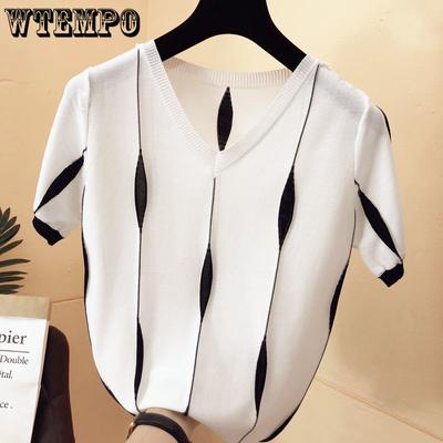 T-shirt à manches courtes en soie glacée pour femme, ample, coréen, grande taille, haut à blocs de couleurs, col en V, chemise tricotée