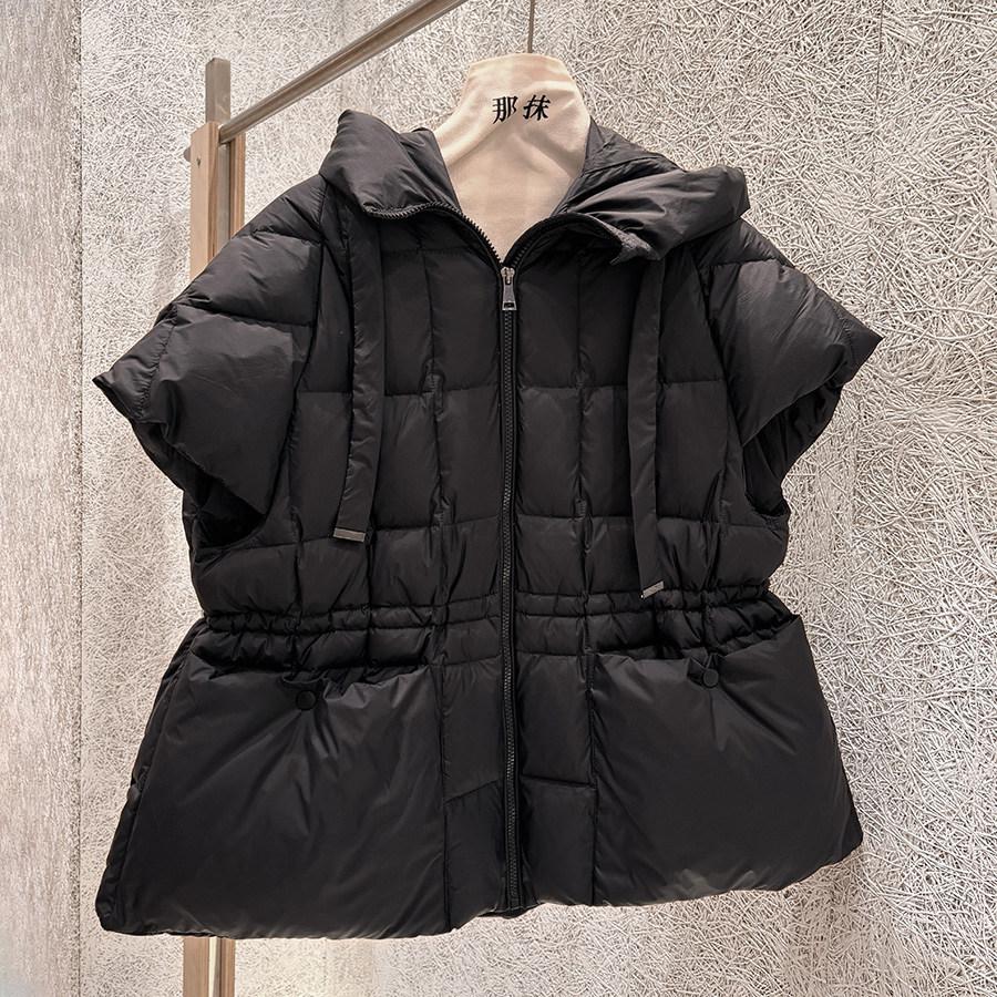 Autumn and winter short-sleeved down vest women's winter clothing new casual hooded white duck down inner drawstring waist jacket tide