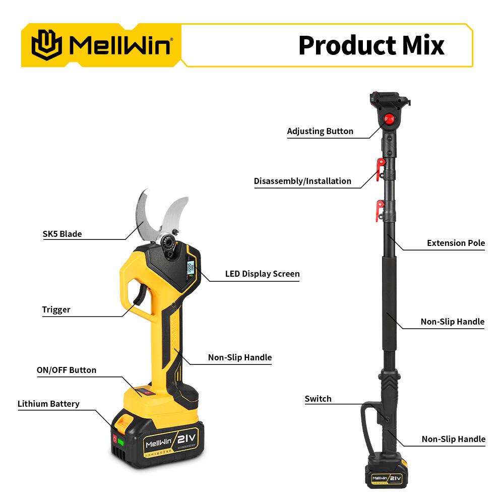 MELLWIN 2IN1 Brushless Electric Pole Pruner Shear With 180CM Telescoping Pole Garden Pruner Shear Tool For Makita 18VBattery Pin