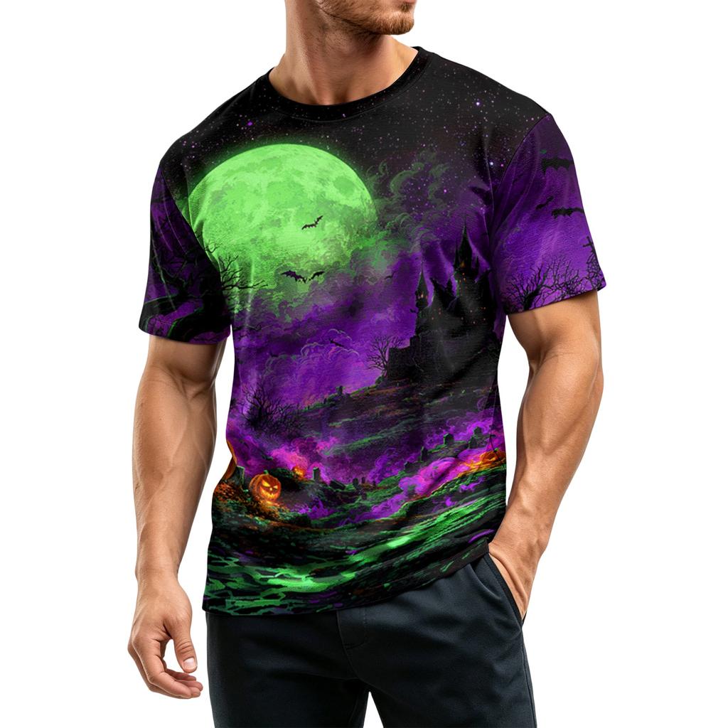 Men's Casual Printed Crew Neck Lightweight Breathable Short Sleeve Top Halloween Themed Graphic Tee for Everyday Wear