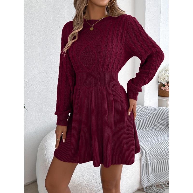 Casual Solid Color Twisted Waist Lantern Long Sleeve A Line Womens Sweater Dress