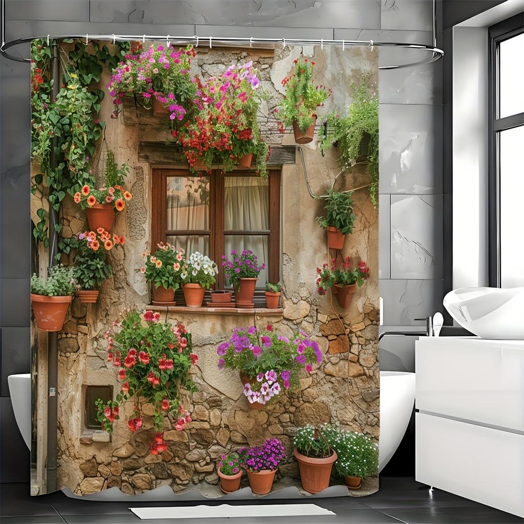 Shower Curtain: Rustic Stone Wall with Vibrant Hanging Flowers for a Charming and Colorful Bathroom Decor