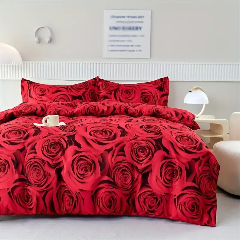 Wish Home Textiles Red Rose 3D Printing Bedding Three-Piece Set