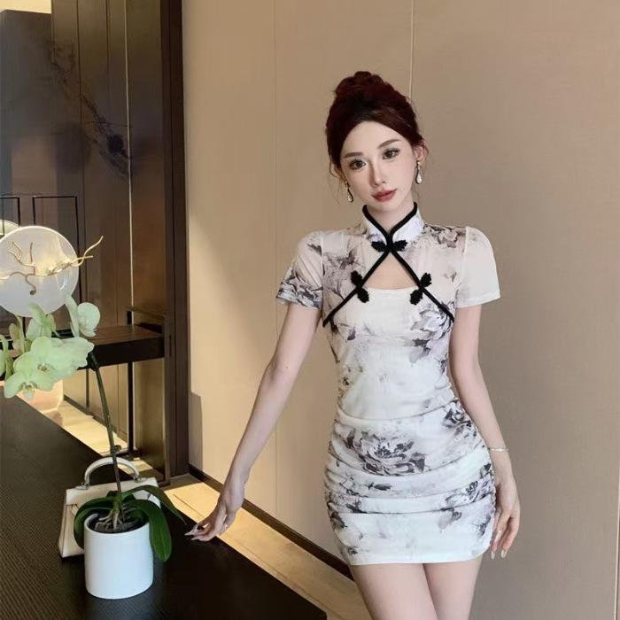 Маленькое летнее ципао: Сексуальное мини-платье с принтом, полыми складками и пуговицами XL