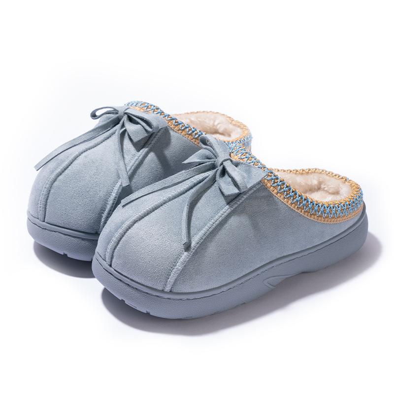 New ethnic style bow slippers autumn and winter indoor home velvet warm anti-skid cotton slippers