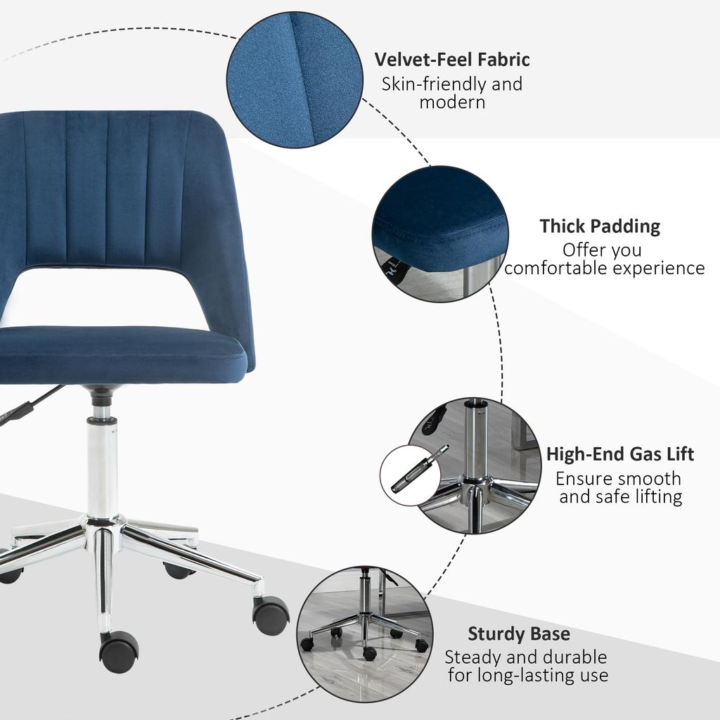 Armless Velvet Feel Office Chair Dark Blue