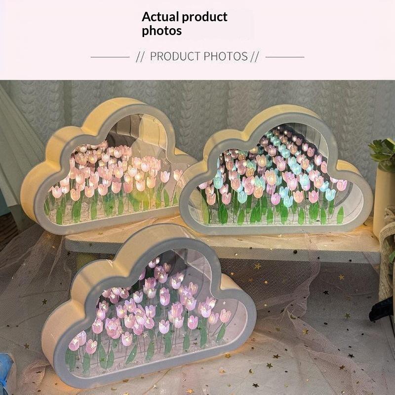 Cloud Shape Tulip Night Light Diy Mirror Flower Atmosphere Lamp Desktop Ornament Creative Handmade Gift For Bedroom Decoration
