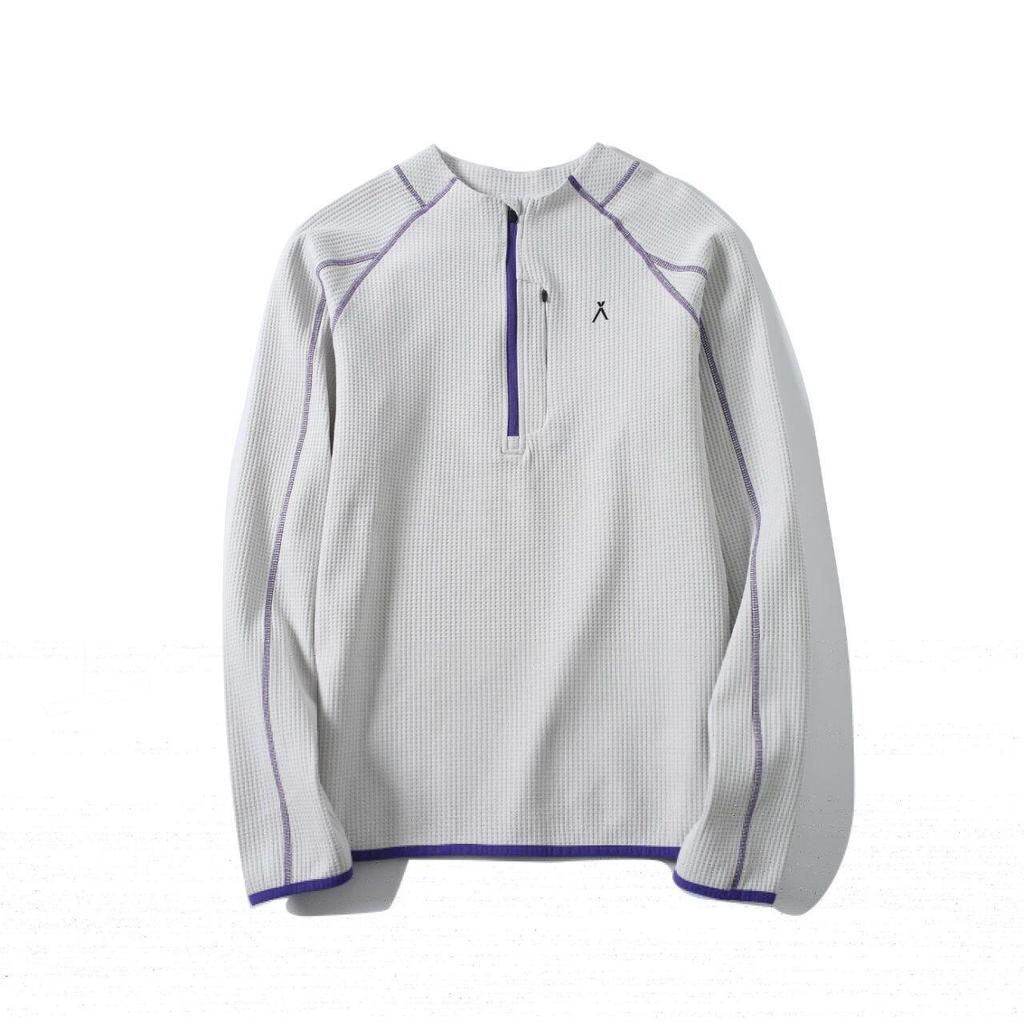 Mountain-Style Unisex Autumn Waffle Knit Half-Zip T-Shirt: Color-Block, Snap Button, Loose Fit, Breathable Long Sleeves