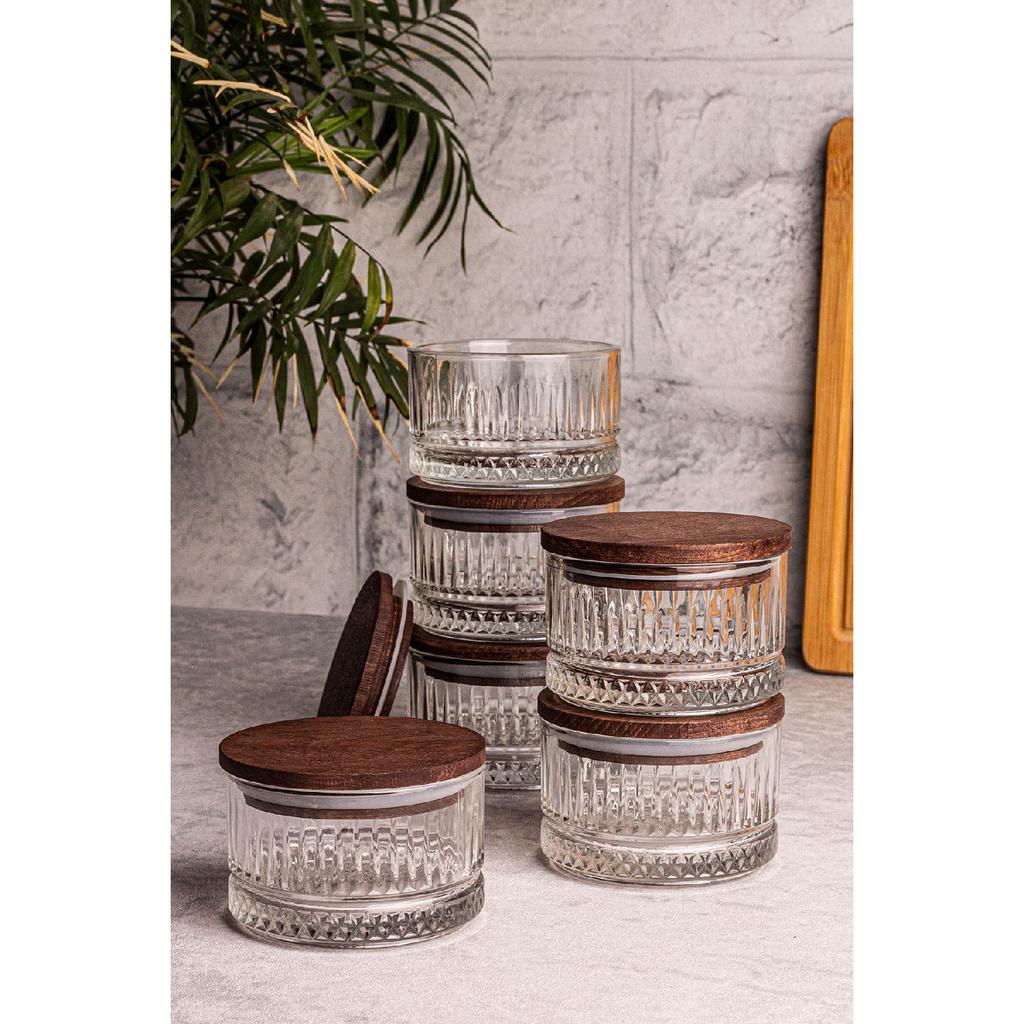 Bella 6-piece Wooden Vacuum Glass Breakfast Multi-purpose Glass Snack Bowl With Lid 235 Ml