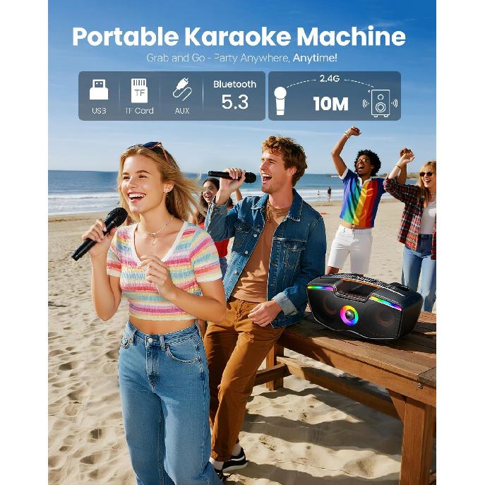Bluetooth Karaoke Machine for Adults & Kids, 80W Portable Speaker with 2 Wireless Microphones, Echo Adjustment, Support USB/AUX/TF Card
