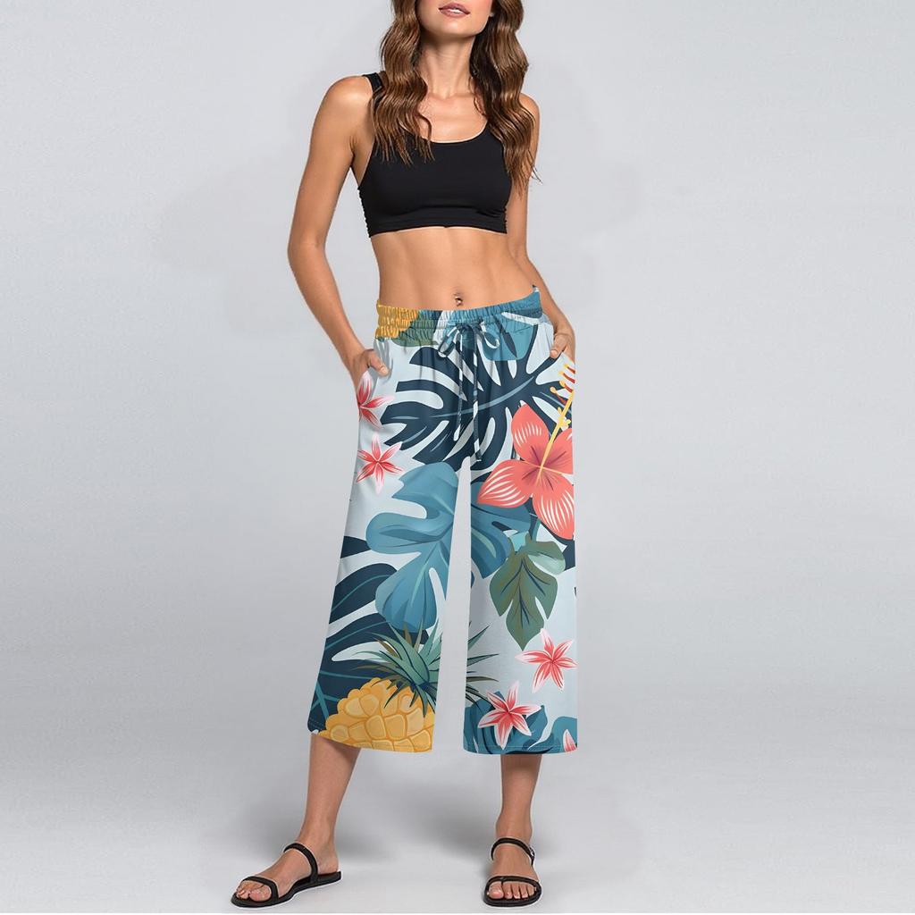 Damen Sommer Hohe Taille Bedruckte Freizeit-Sportbekleidung Lässige Cropped-Hose Weite Hose