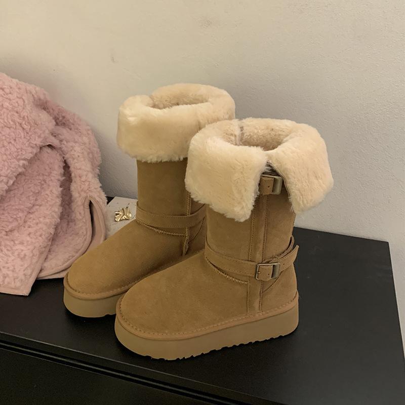 Thick-soled high tooling boots Snow boots Fleece thickened medium boots Warm fluffy boots Women s boots 35