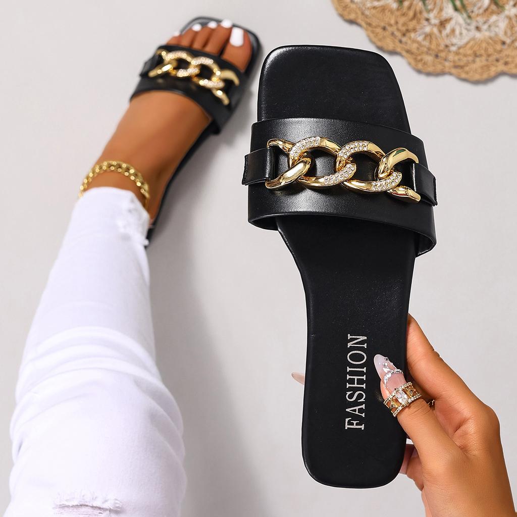 Fashion Fashion Women Slippers Square Toe Chain Slippers 2025 New Flat Beach Sandals Metal Decoration Casual Shoes Home Slides Women