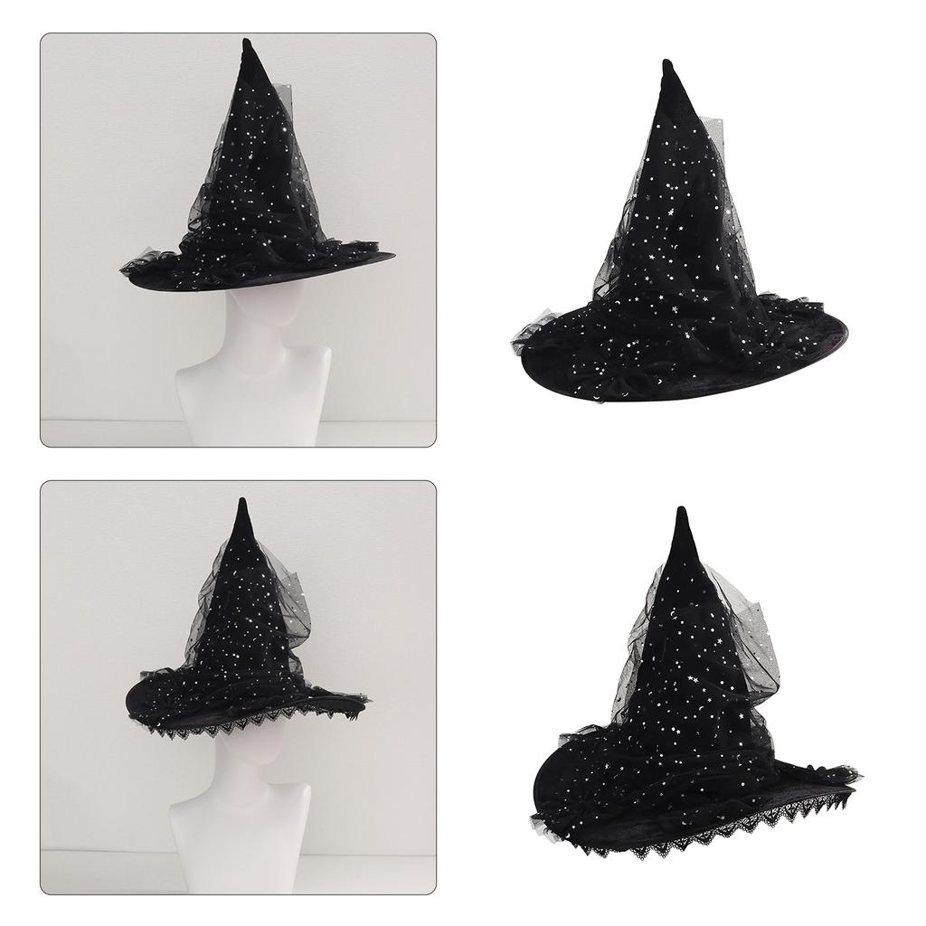 Star Tulle Witch Hat Halloween Costume Accessory for Halloween Party Lace Sheer Headwear for Masquerade