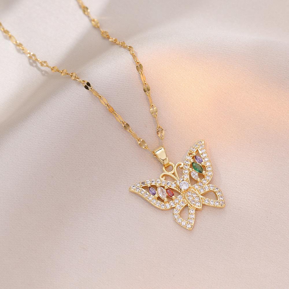 Butterfly Necklace with Color-Retaining Zircon - Fashionable, Versatile Women's Jewelry Accessory.